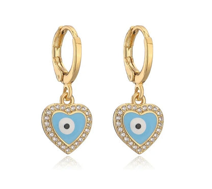 Heart-Shaped Evil Eye Dangle Earrings