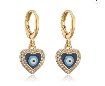 Heart-Shaped Evil Eye Dangle Earrings