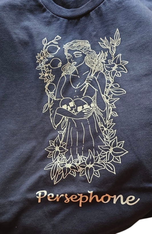 Persephone Goddess Tee – Navy Blue, 100% Cotton
