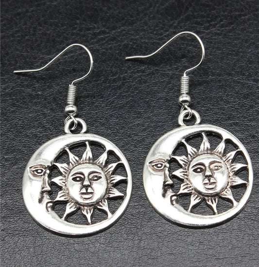 Antique Silver Sun and Moon Earrings – 1" Pendant
