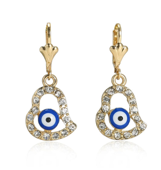 Dainty Heart Evil Eye Earrings – Cubic Zirconia, 0.5" Pendant