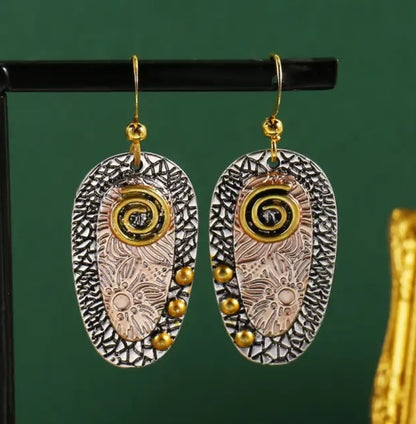 Bohemian Engraved Oval Drop Earrings – 14K Gold Plated