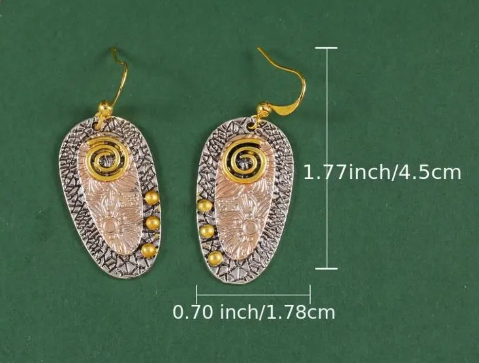 Bohemian Engraved Oval Drop Earrings – 14K Gold Plated