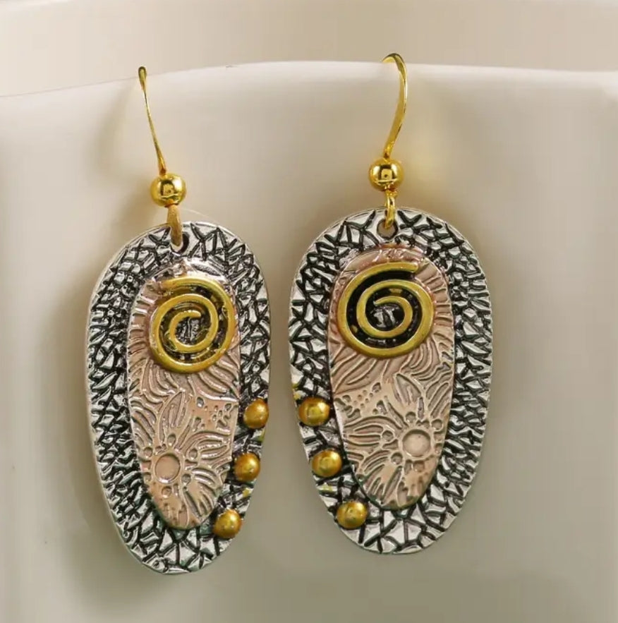 Bohemian Engraved Oval Drop Earrings – 14K Gold Plated