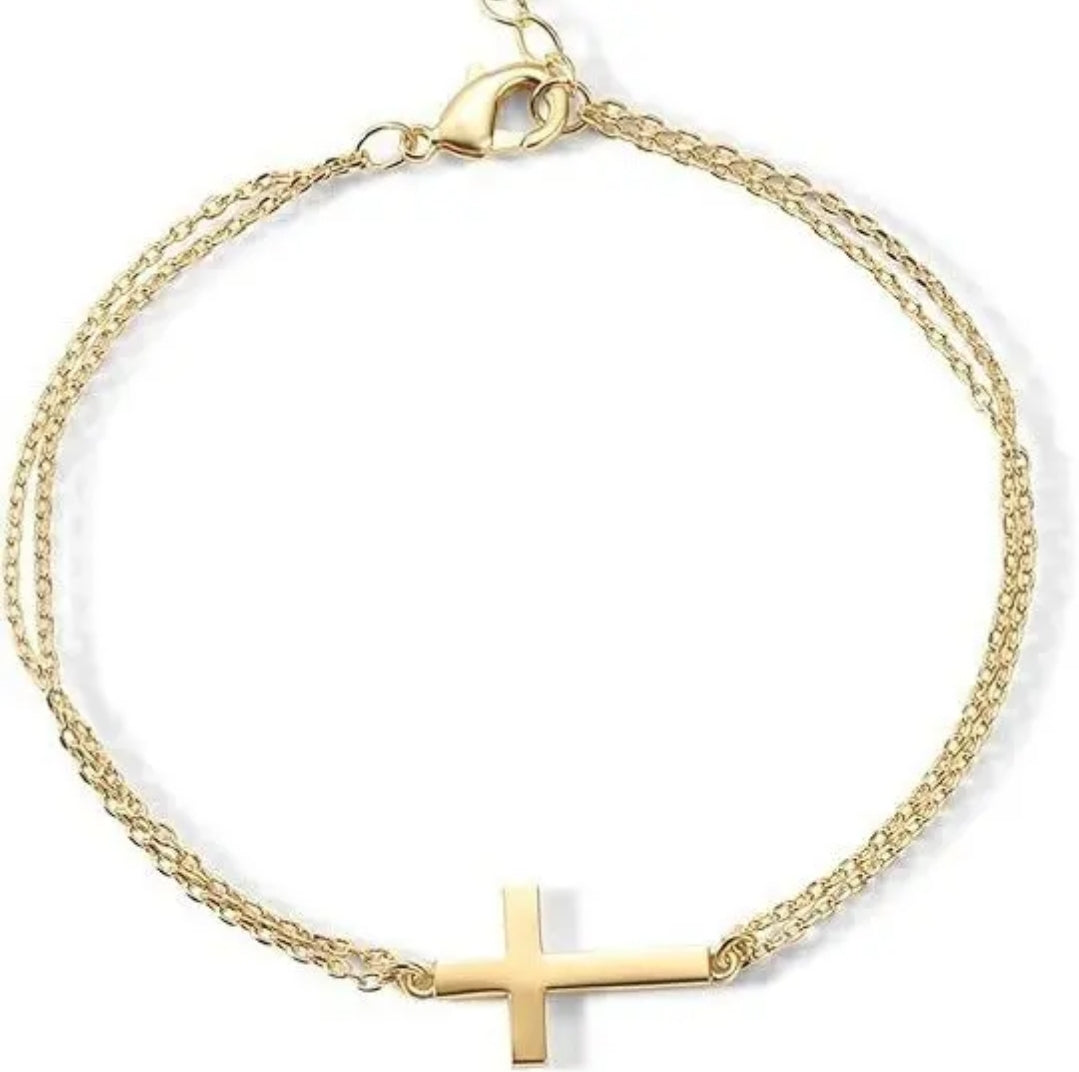 Adjustable Cross Bracelet – Stainless Steel & Gold
