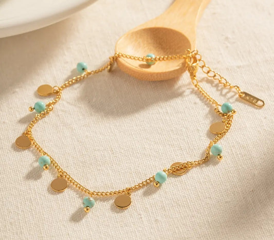 Gold Plated Double Layer Shell-Turquoise Anklet