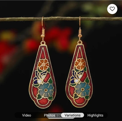 Artistic Multi-Colored Cloisonné Enamel Gold Alloy Hook Earrings