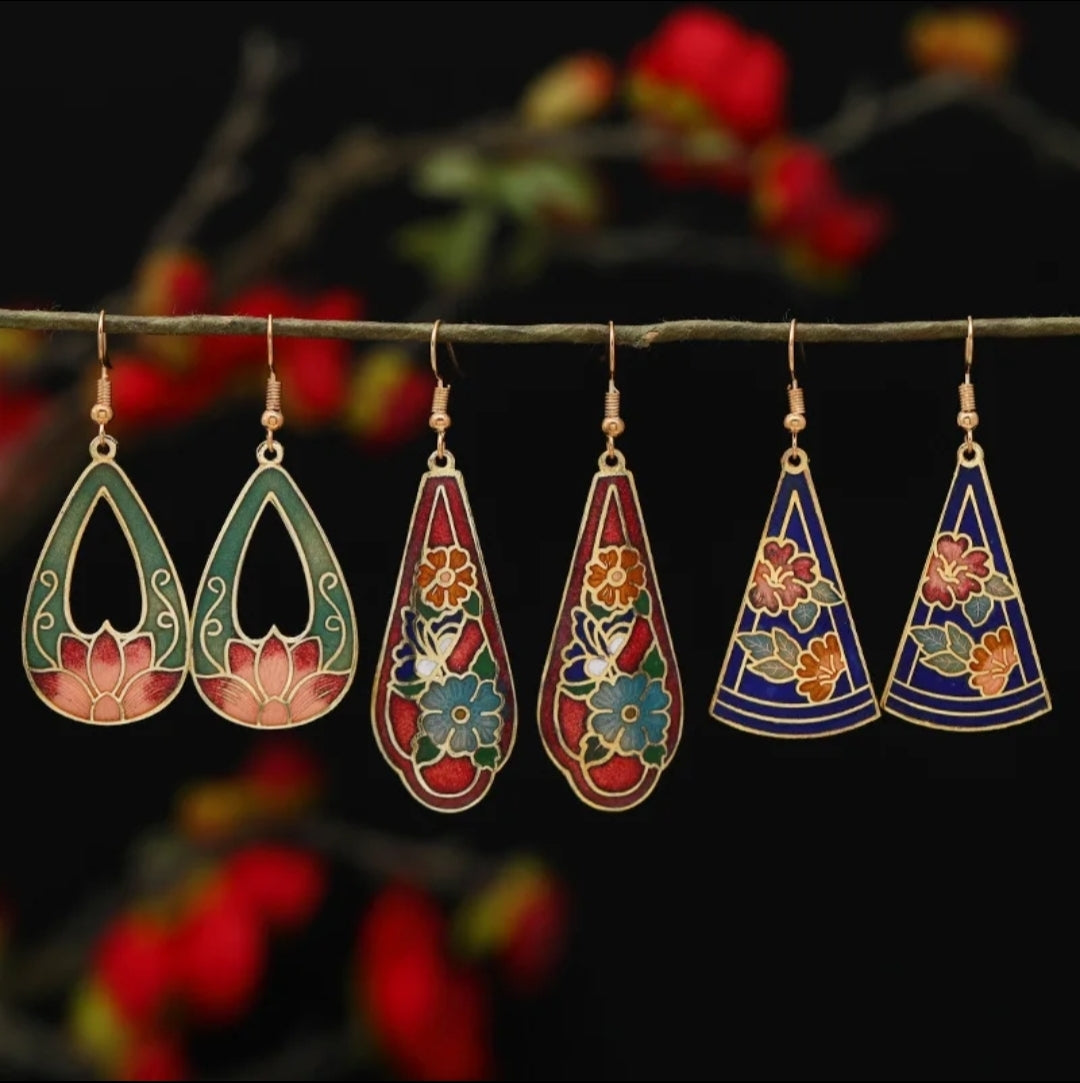 Artistic Multi-Colored Cloisonné Enamel Gold Alloy Hook Earrings