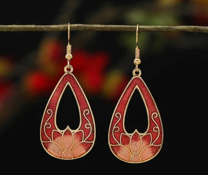 Artistic Multi-Colored Cloisonné Enamel Gold Alloy Hook Earrings