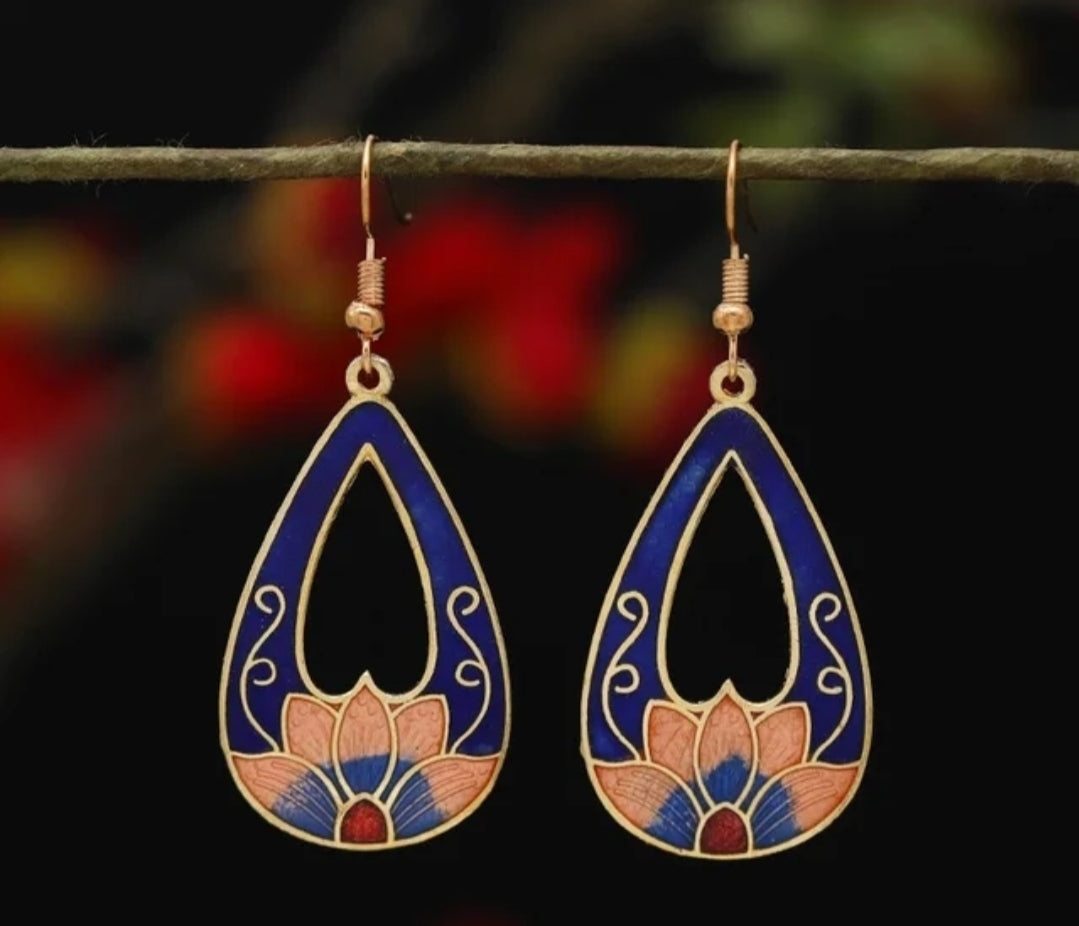Artistic Multi-Colored Cloisonné Enamel Gold Alloy Hook Earrings