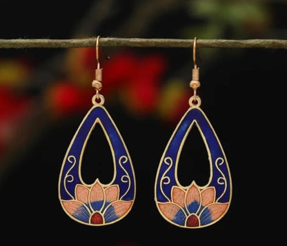 Artistic Multi-Colored Cloisonné Enamel Gold Alloy Hook Earrings