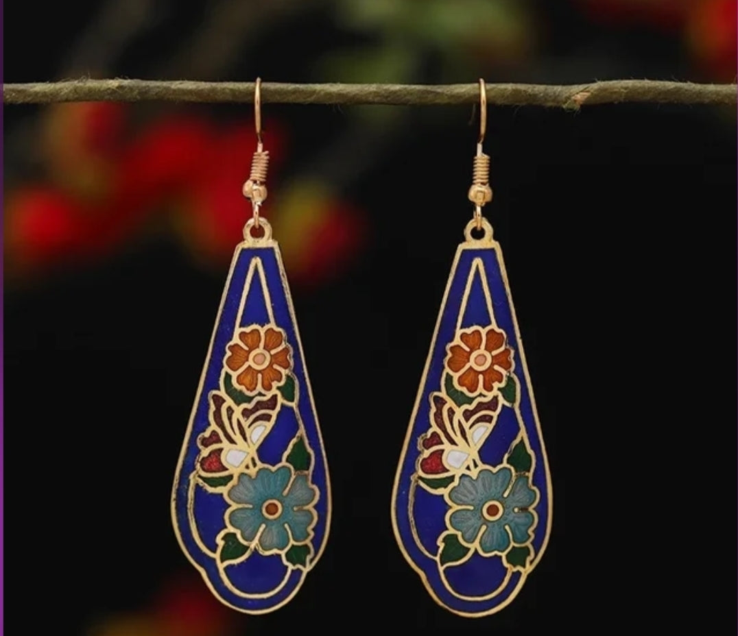 Artistic Multi-Colored Cloisonné Enamel Gold Alloy Hook Earrings