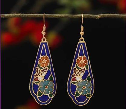 Artistic Multi-Colored Cloisonné Enamel Gold Alloy Hook Earrings