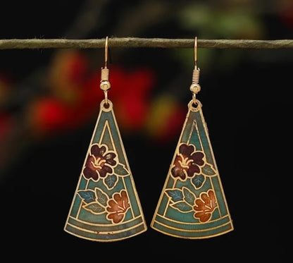 Artistic Multi-Colored Cloisonné Enamel Gold Alloy Hook Earrings