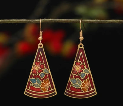 Artistic Multi-Colored Cloisonné Enamel Gold Alloy Hook Earrings