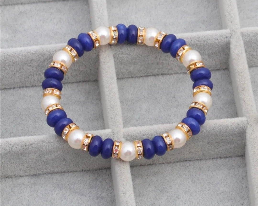 Vibrant Blue & White Natural Stone Elastic Bracelet