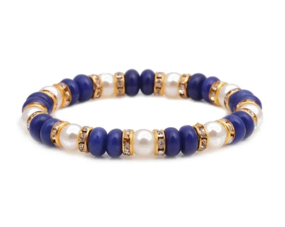 Vibrant Blue & White Natural Stone Elastic Bracelet