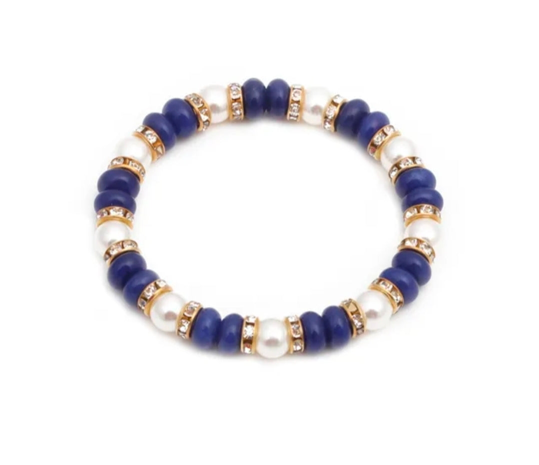 Vibrant Blue & White Natural Stone Elastic Bracelet