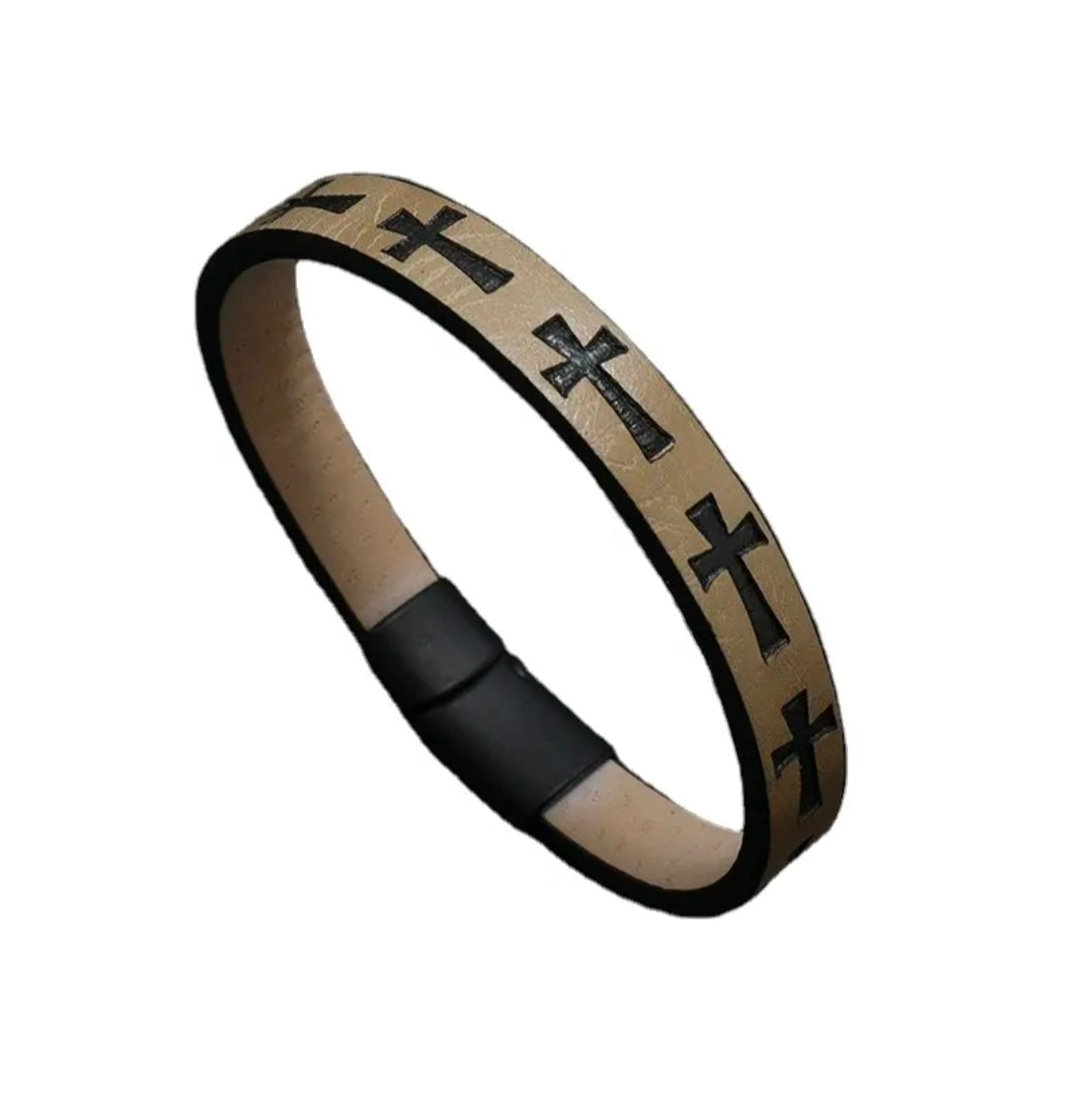 Leather Cross Bracelet – Magnetic Clasp (8” / 20 cm)