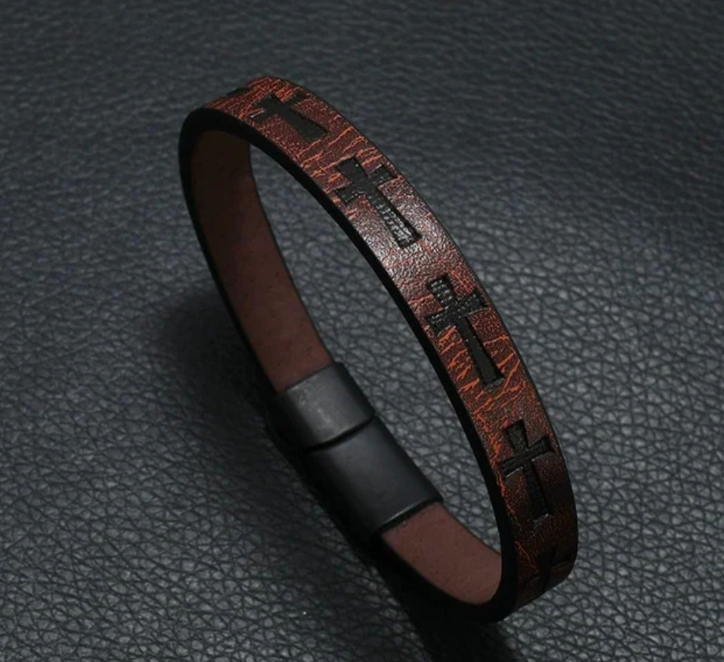 Leather Cross Bracelet – Magnetic Clasp (8” / 20 cm)