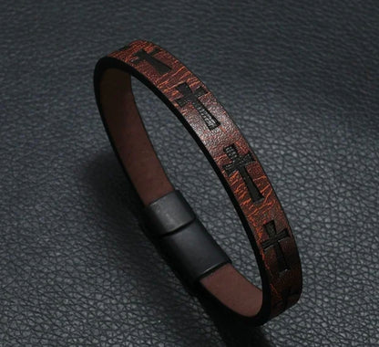 Leather Cross Bracelet – Magnetic Clasp (8” / 20 cm)