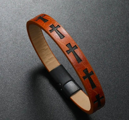 Leather Cross Bracelet – Magnetic Clasp (8” / 20 cm)