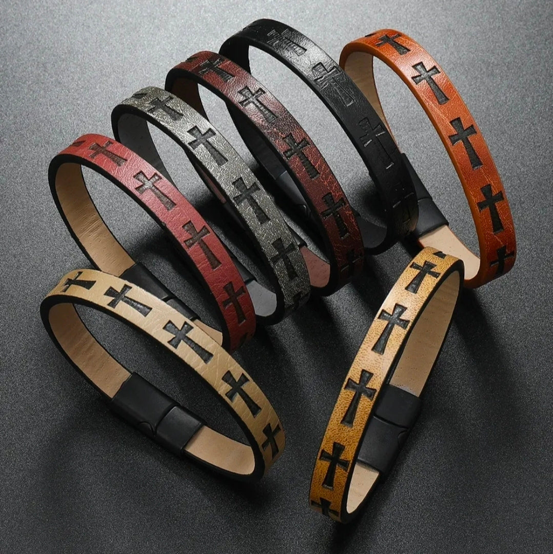 Leather Cross Bracelet – Magnetic Clasp (8” / 20 cm)