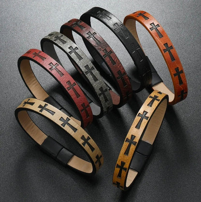 Leather Cross Bracelet – Magnetic Clasp (8” / 20 cm)