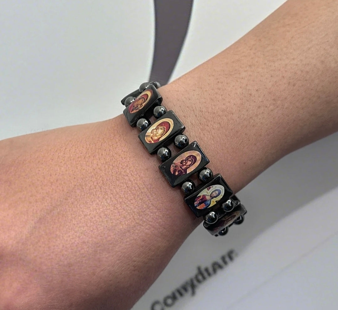 Black Hematite Bracelet with Orthodox Saints – Elastic Fit