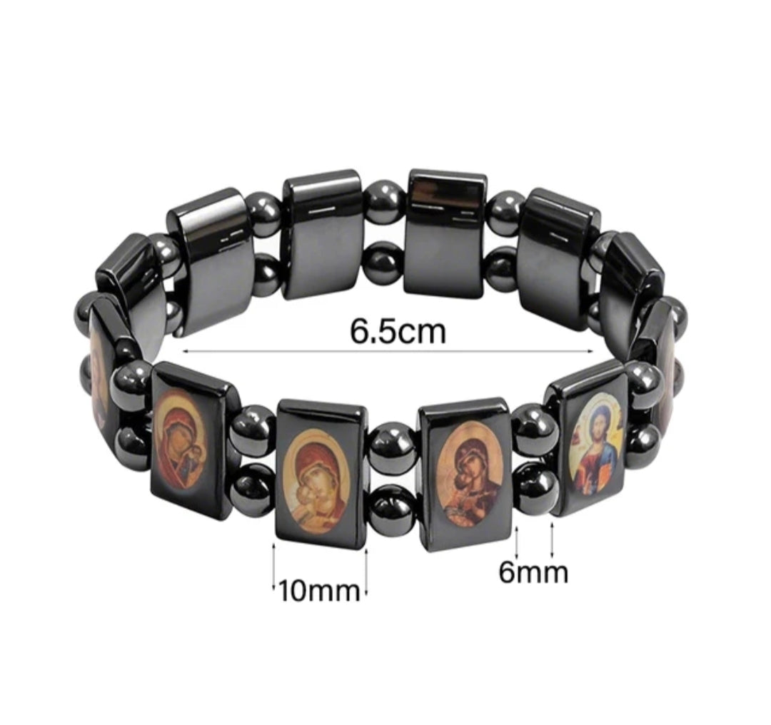Black Hematite Bracelet with Orthodox Saints – Elastic Fit