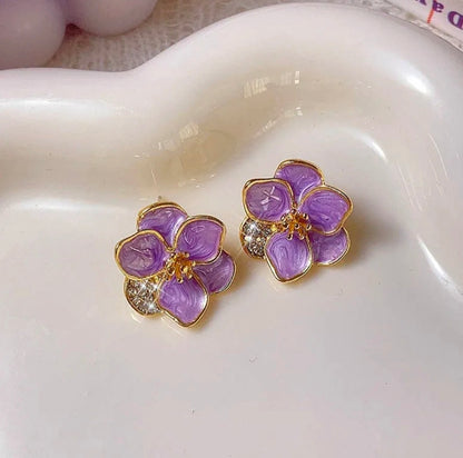 Lavender Enamel Flower Earrings with Rhinestone Leaf Accent