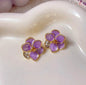 Lavender Enamel Flower Earrings with Rhinestone Leaf Accent