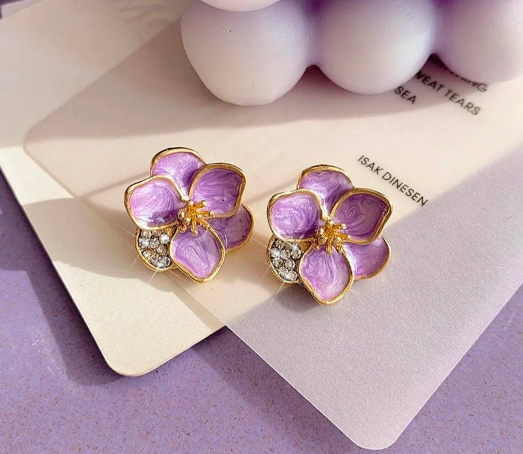 Lavender Enamel Flower Earrings with Rhinestone Leaf Accent
