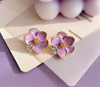 Lavender Enamel Flower Earrings with Rhinestone Leaf Accent