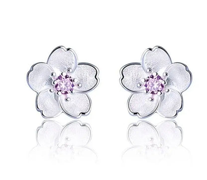 925 Sterling Silver Flower Stud Earrings with Purple Zirconia Center