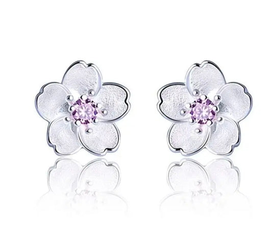 925 Sterling Silver Flower Stud Earrings with Purple Zirconia Center