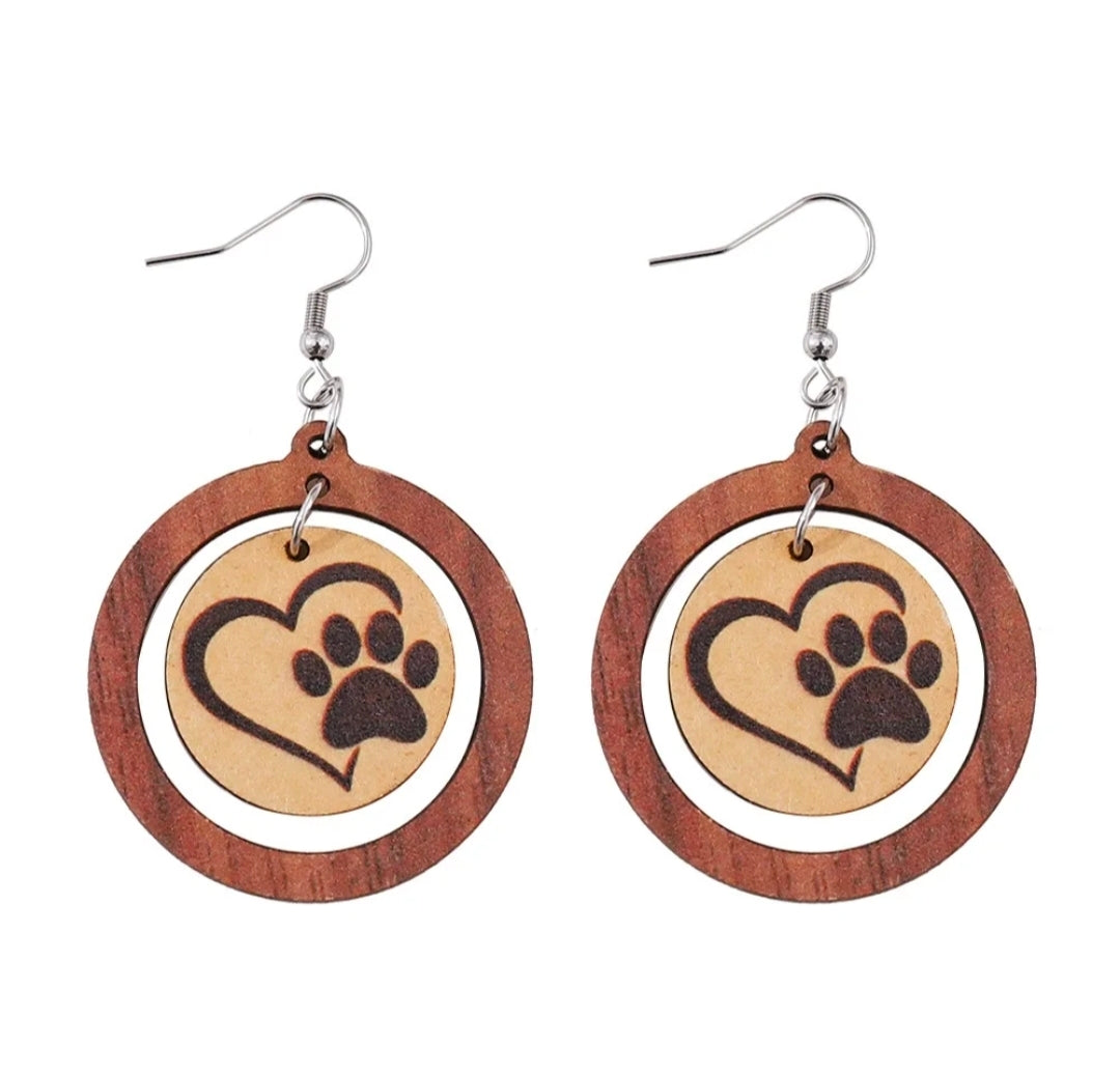 Autumn Wood Heart Earrings with Paw Design – Hypoallergenic Silver-Plated