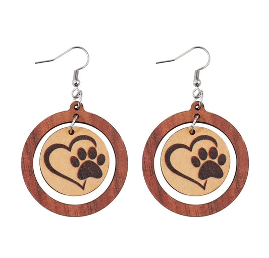 Autumn Wood Heart Earrings with Paw Design – Hypoallergenic Silver-Plated