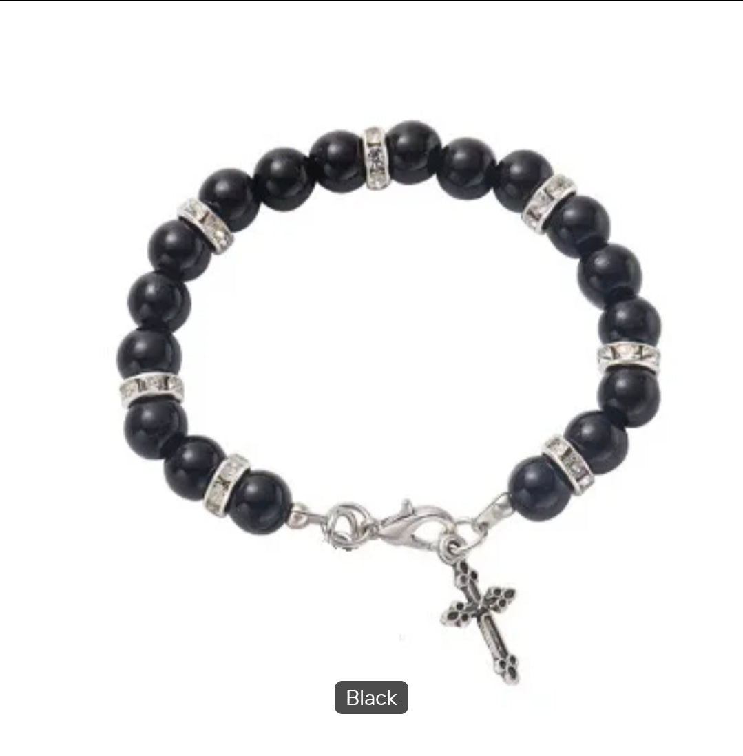Faux Pearl Charm Bracelet with Rhinestone Spacers & Silver Plated Cross Pendant – Elastic, Available in White, Pink & Black