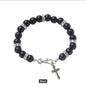 Faux Pearl Charm Bracelet with Rhinestone Spacers & Silver Plated Cross Pendant – Elastic, Available in White, Pink & Black