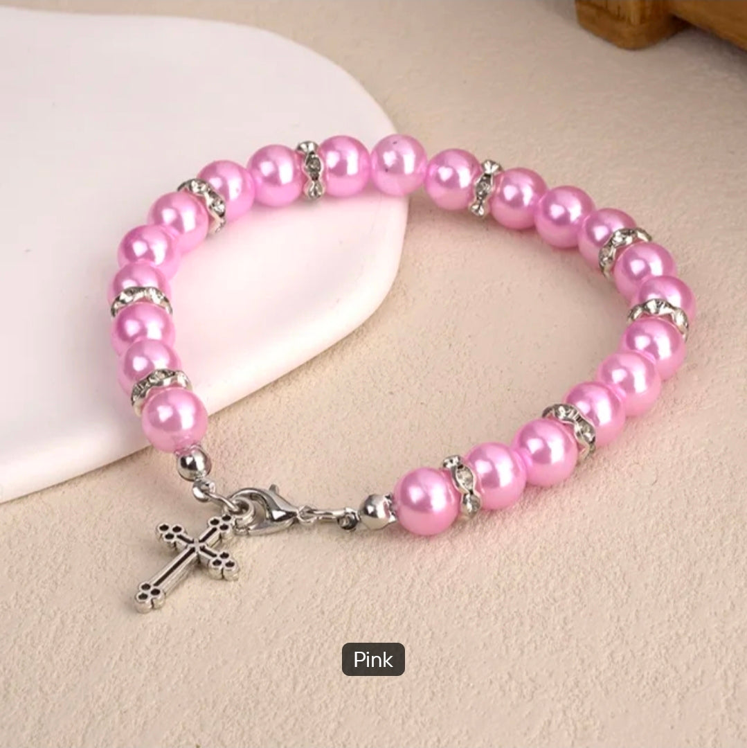 Faux Pearl Charm Bracelet with Rhinestone Spacers & Silver Plated Cross Pendant – Elastic, Available in White, Pink & Black