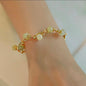 Wire Wrapped Gold Tone Bangle Bracelet with Pale Green Jade-Style Beads – Sculptural Open Design