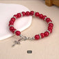 Faux Pearl Charm Bracelet with Rhinestone Spacers & Silver Plated Cross Pendant – Elastic, Available in White, Pink & Black