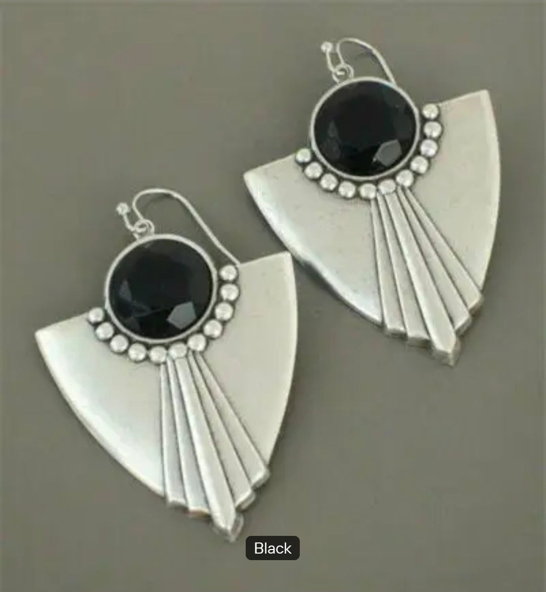 Vintage Art Deco Silver-Plated Earrings with Black Glass Cabochons