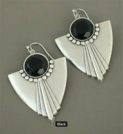 Vintage Art Deco Silver-Plated Earrings with Black Glass Cabochons