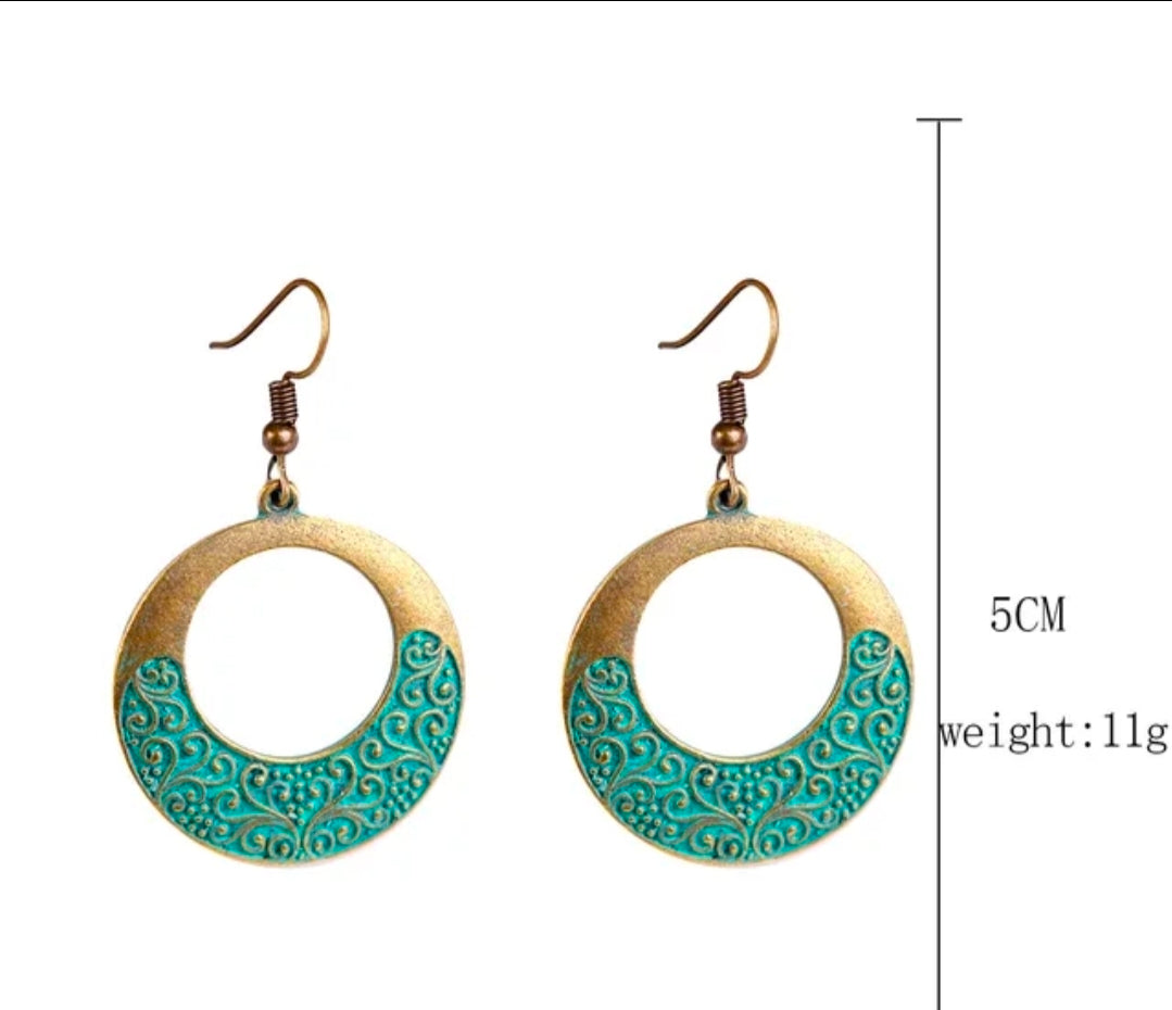 Vintage Bronze Bohemian Earrings with Turquoise Patina