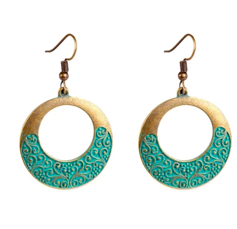 Vintage Bronze Bohemian Earrings with Turquoise Patina