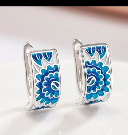 Blue Enamel Floral Silver-Plated Earrings