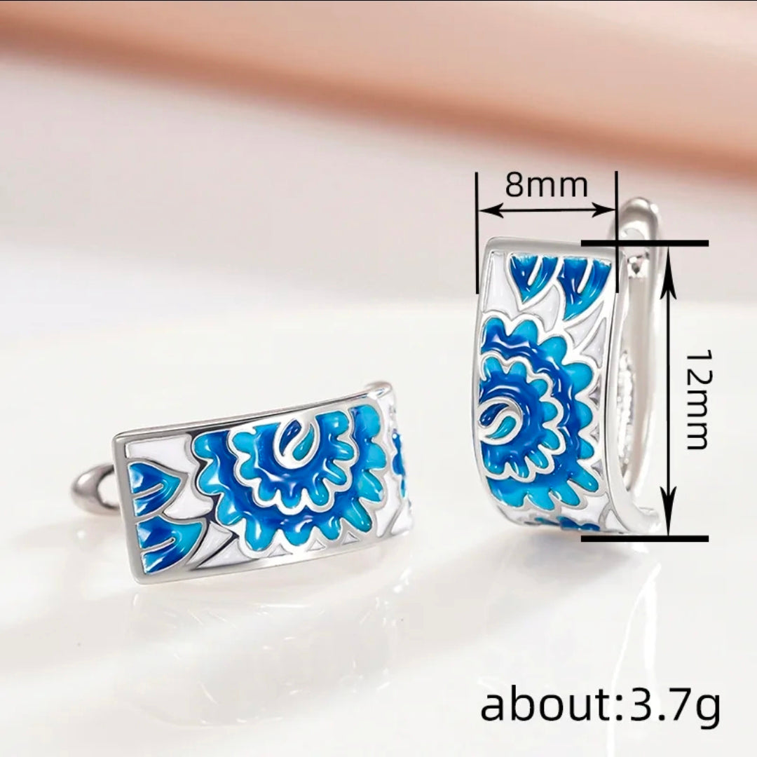 Blue Enamel Floral Silver-Plated Earrings
