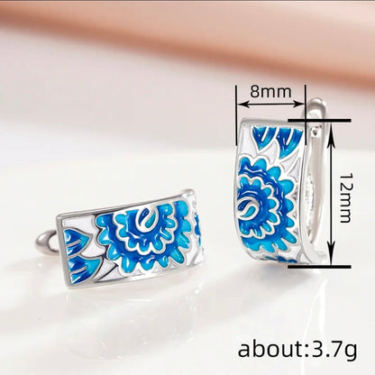 Blue Enamel Floral Silver-Plated Earrings